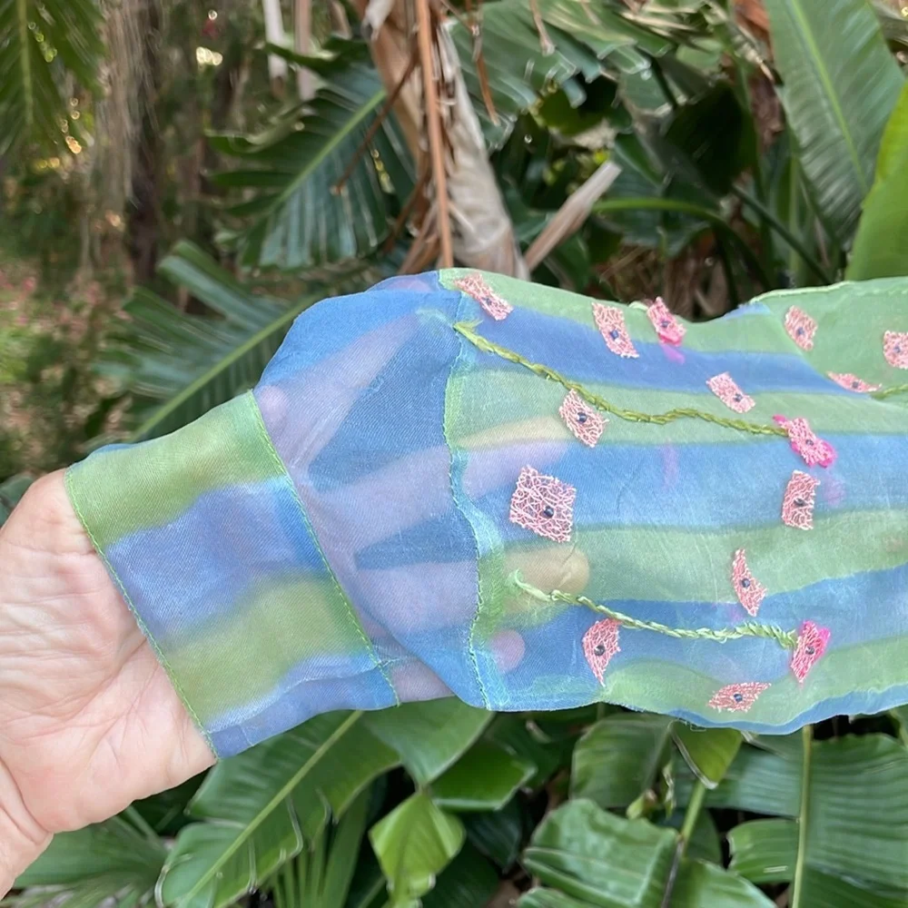 Sandy Starkman 100% silk batik and 3-D floral  sheer blouse or jacket